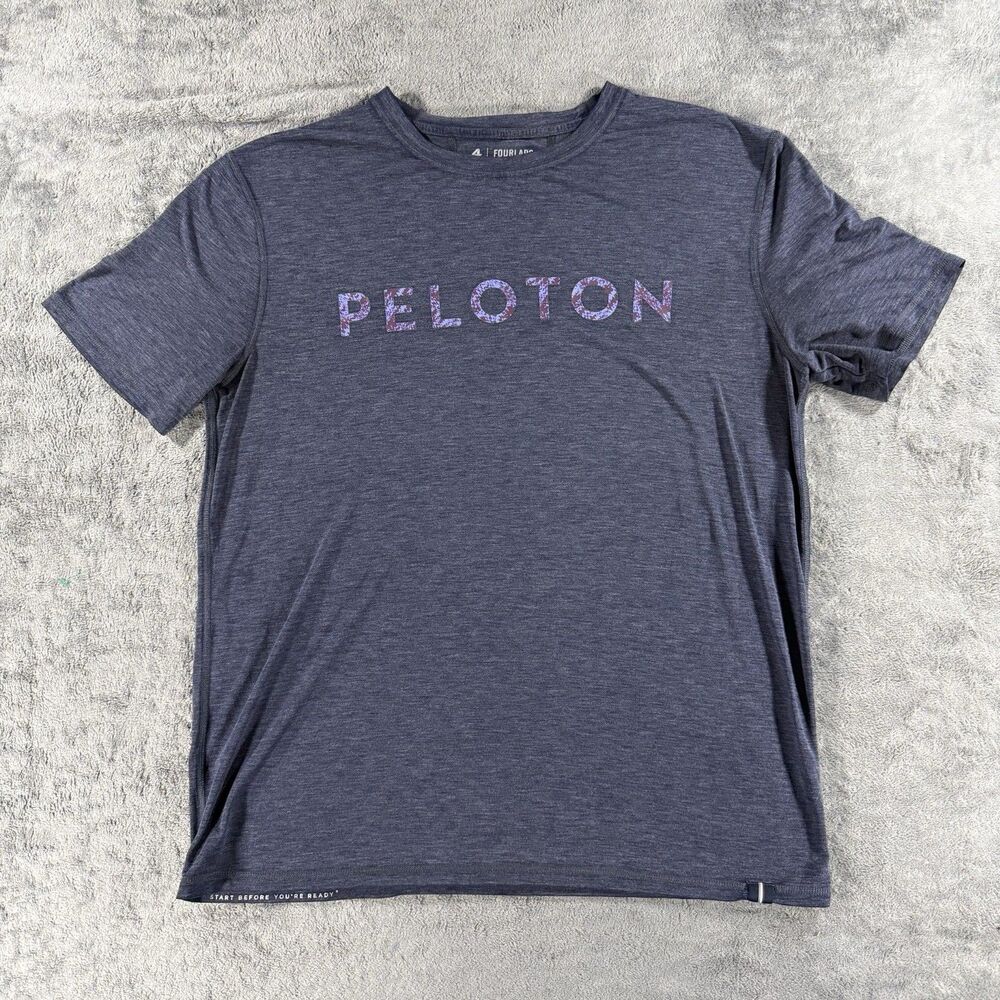FOURLAPS X Peloton T Shirt Men’s MED RE-UP Performance Training Navy Blue 4 Laps